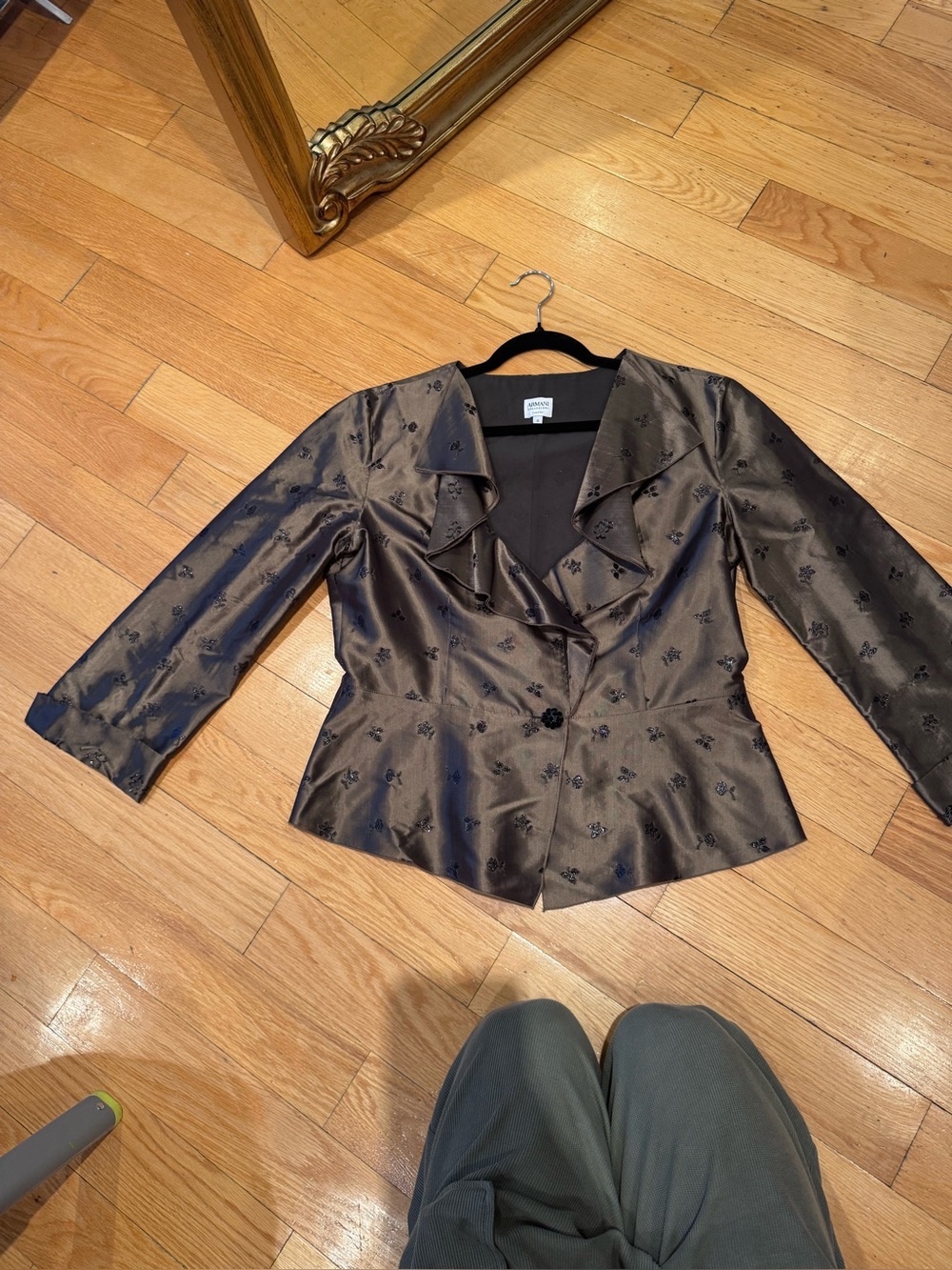 Vintage Armani  Collezioni Bronze Metallic Floral Jacquard Ruffle Peplum Blouse - Picture 2 of 14